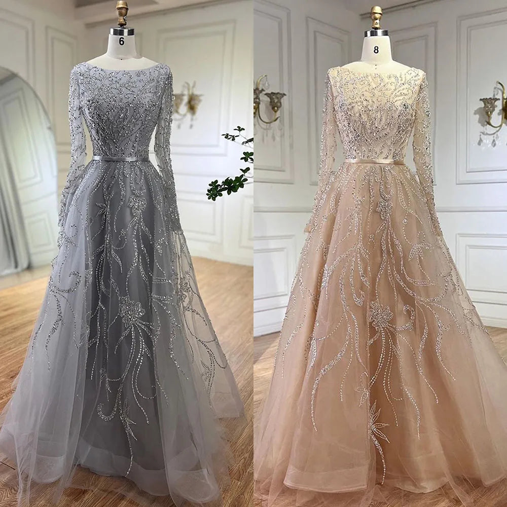 Muslim Nude A-Line Beaded Evening Dress with Long Sleeves LA71596A