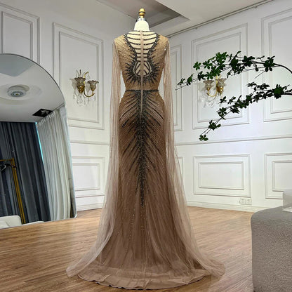 Luxury Caramel Beaded Evening Dress Gown with Cape Sleeves LA72940