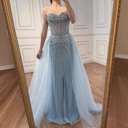 Luxury Dubai Nude Beaded Mermaid Evening Dress with Overskirt LA72811