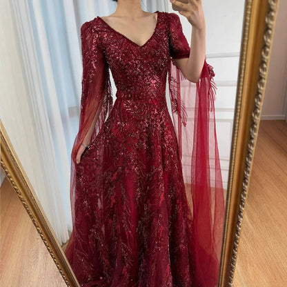 Luxury Wine Red A-Line Luxury Beaded Evening Dress with Cape LA73127