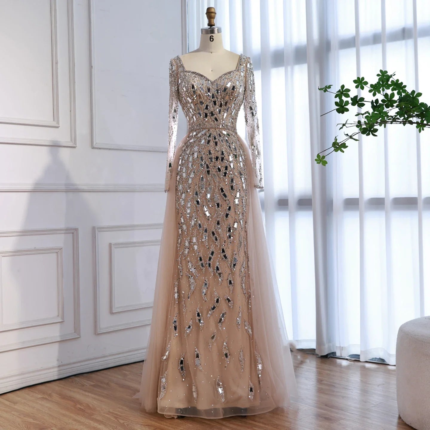Luxury Arabic Nude Long Sleeve Mermaid Evening Dress LA73113A