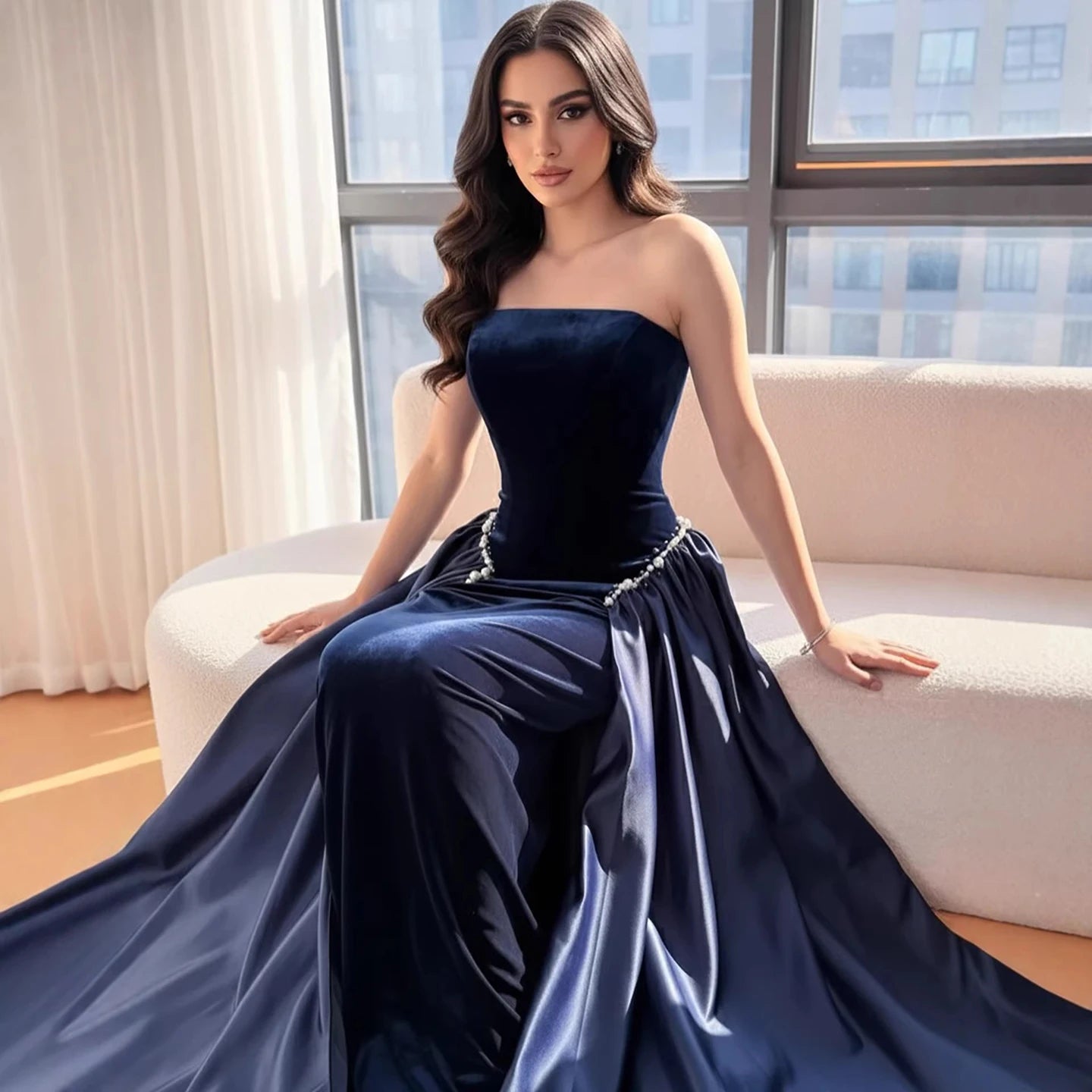Luxury Navy Blue Mermaid Pearls Evening Dress Gowns With Skirt LA73351