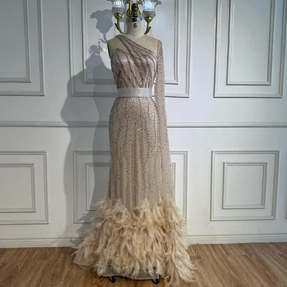 Elegant Nude One Shoulder Feather Beaded Mermaid Evening Dress LA71096