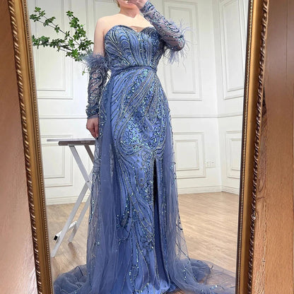 Luxury Arabic Nude Mermaid High Split Feather Beaded Evening Dress LA71910