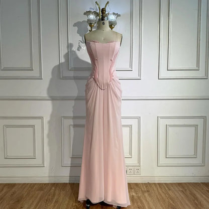 Pink Strapless Draped Satin Evening Dress with Rose Neck LA72946