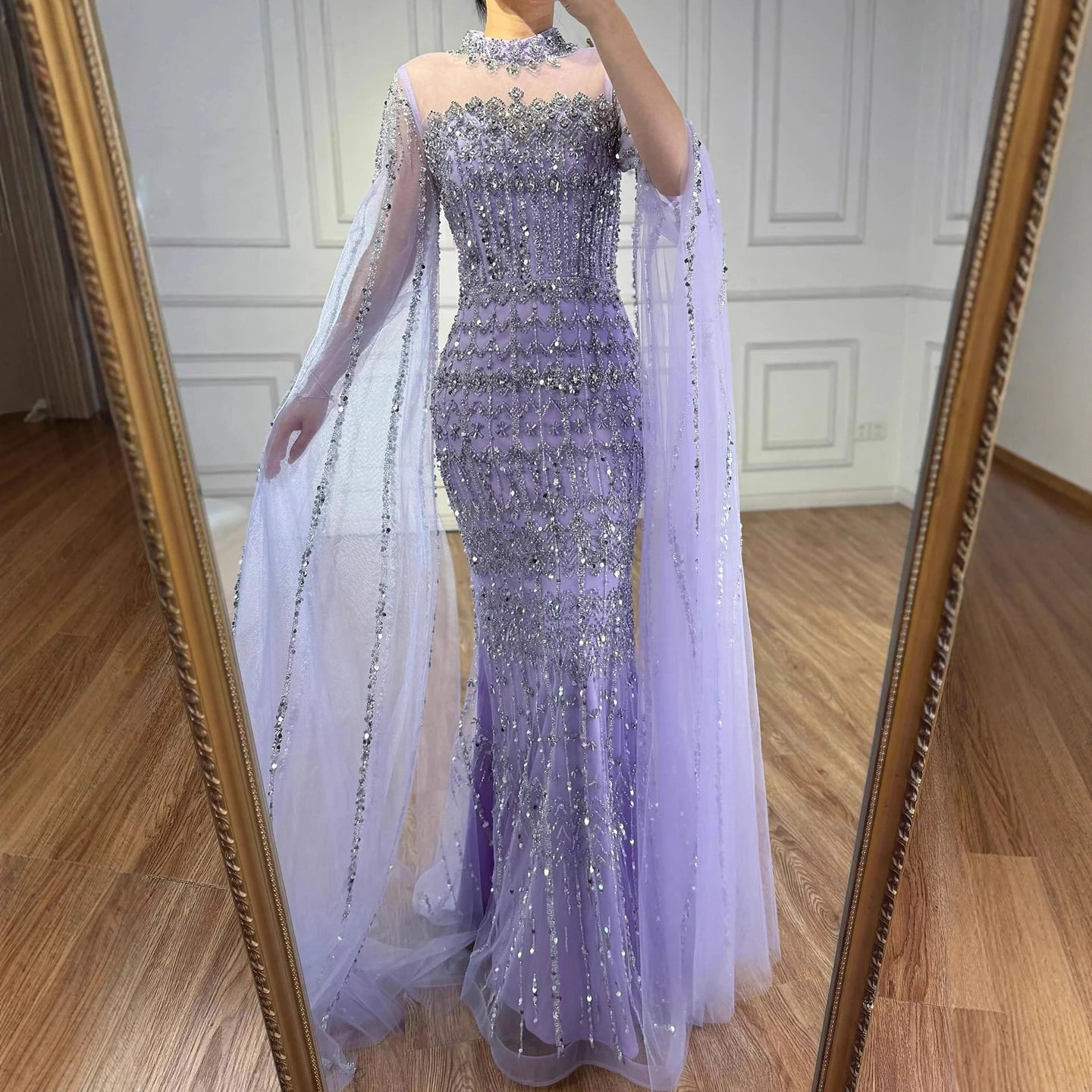 Luxury Nude Beaded Evening Dress with Long Cape Sleeves LA72714A