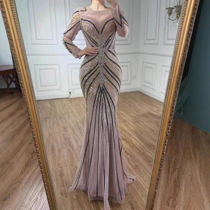 Luxury Pink Modest Dubai Mermaid  Evening  Dress  Long Sleeevs 2026 LA73213