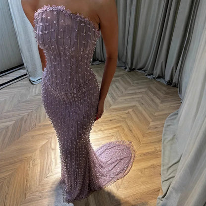 Elegant Crystal Beaded Strapless Lilac Mermaid Evening Gown LA72950