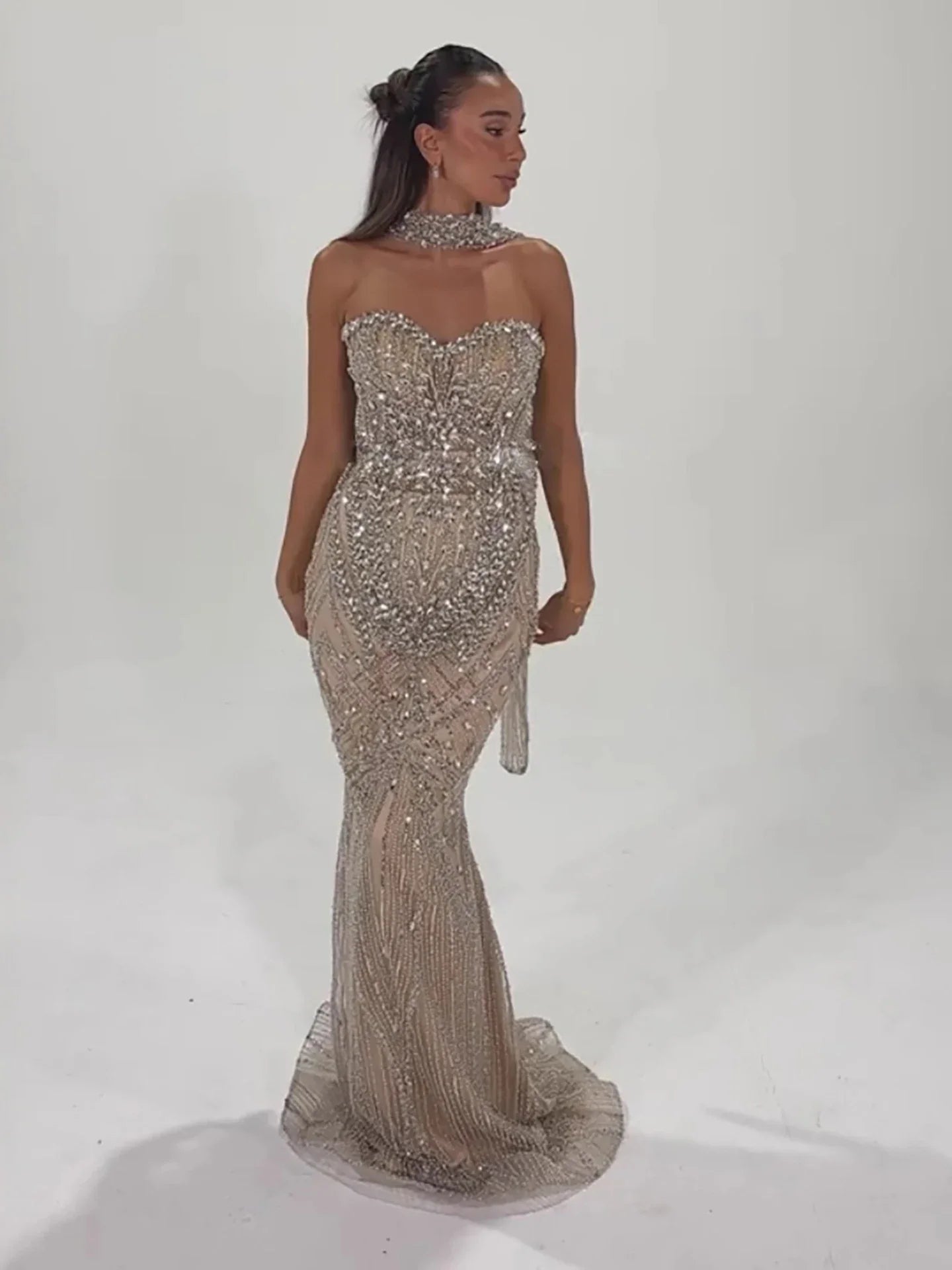 Luxury Nude Crystal Beaded Mermaid Evening Dress LA73375