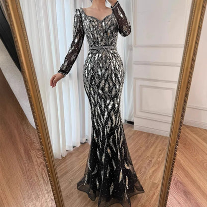 Luxury Black Silver Sequin Long Sleeve Mermaid Evening Dress LA73113