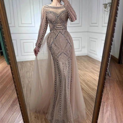 Luxury Dubai Nude  Evening Dress With Long Sleeves LA72967