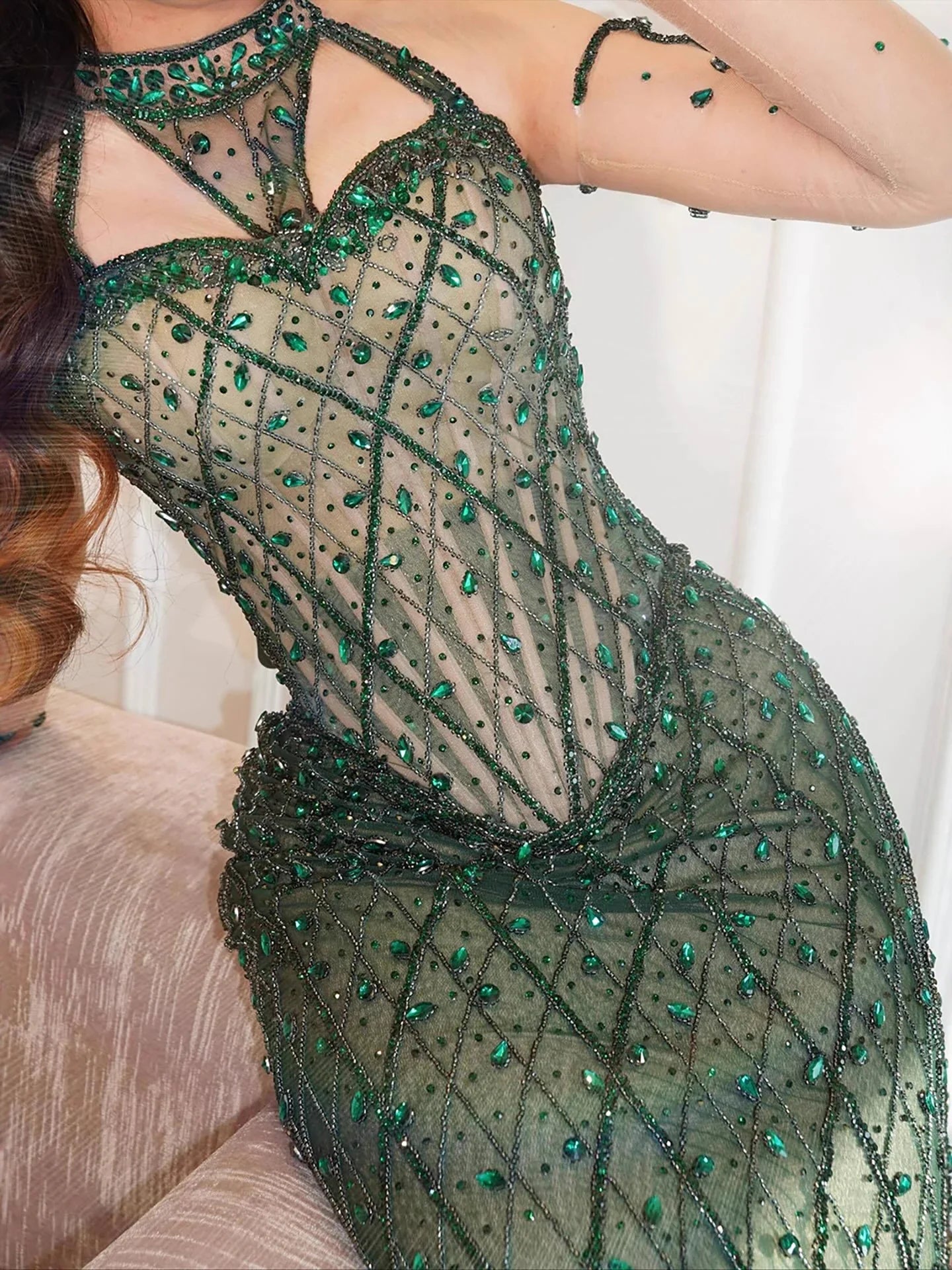 Luxury Green Halter Beaded Dubai Corset Evening Dress LA73322