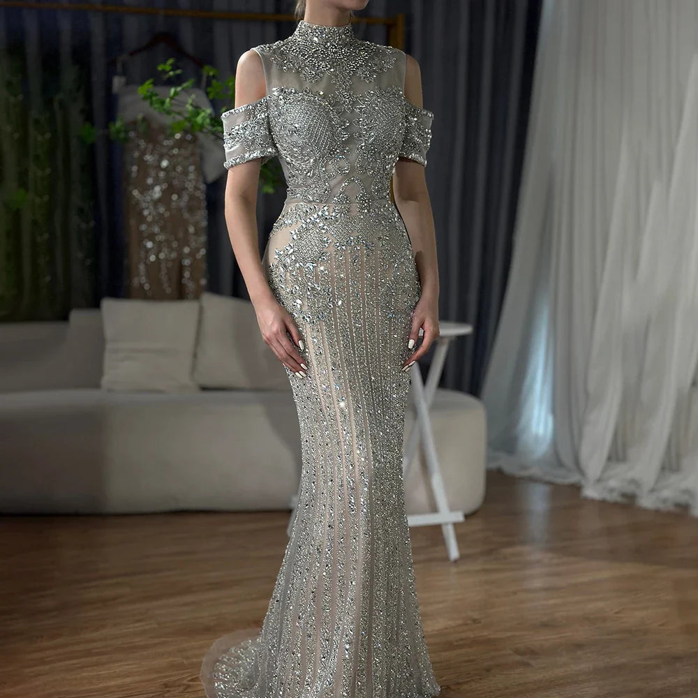 Luxury Silver Nude Crystal Beaded Mermaid Evening Dress LA72411