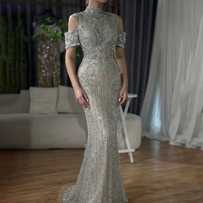 Luxury Silver Nude Crystal Beaded Mermaid Evening Dress LA72411