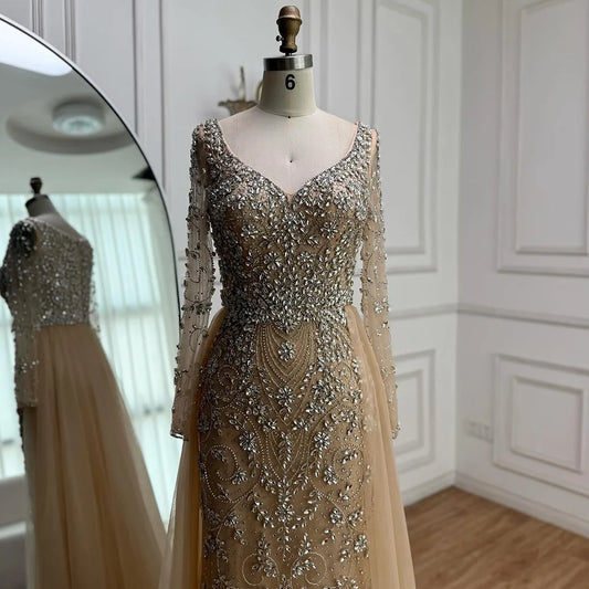 Luxury Nude Beaded Mermaid Evening Dress with Overskirt LA73042A