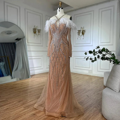 Luxury Dubai   Blue Feather Beaded Luxury Mermaid Evening Dresses Gowns for Women Formal Occasion LA72836