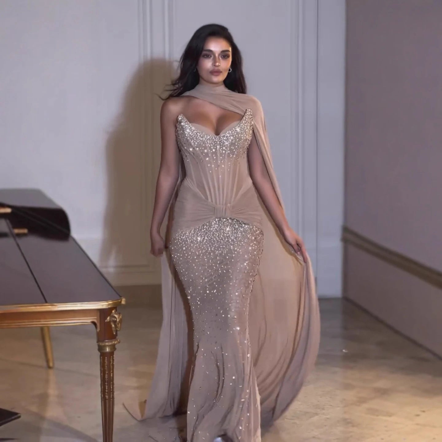 Luxury Arabic Nude Beaded Corset Evening Dress LA73343