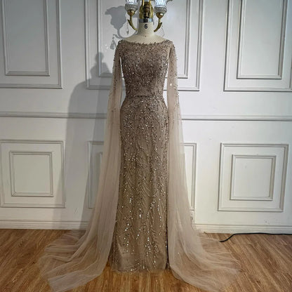 Luxury Caramel Beaded Evening Dress with Cape Sleeves LA73078