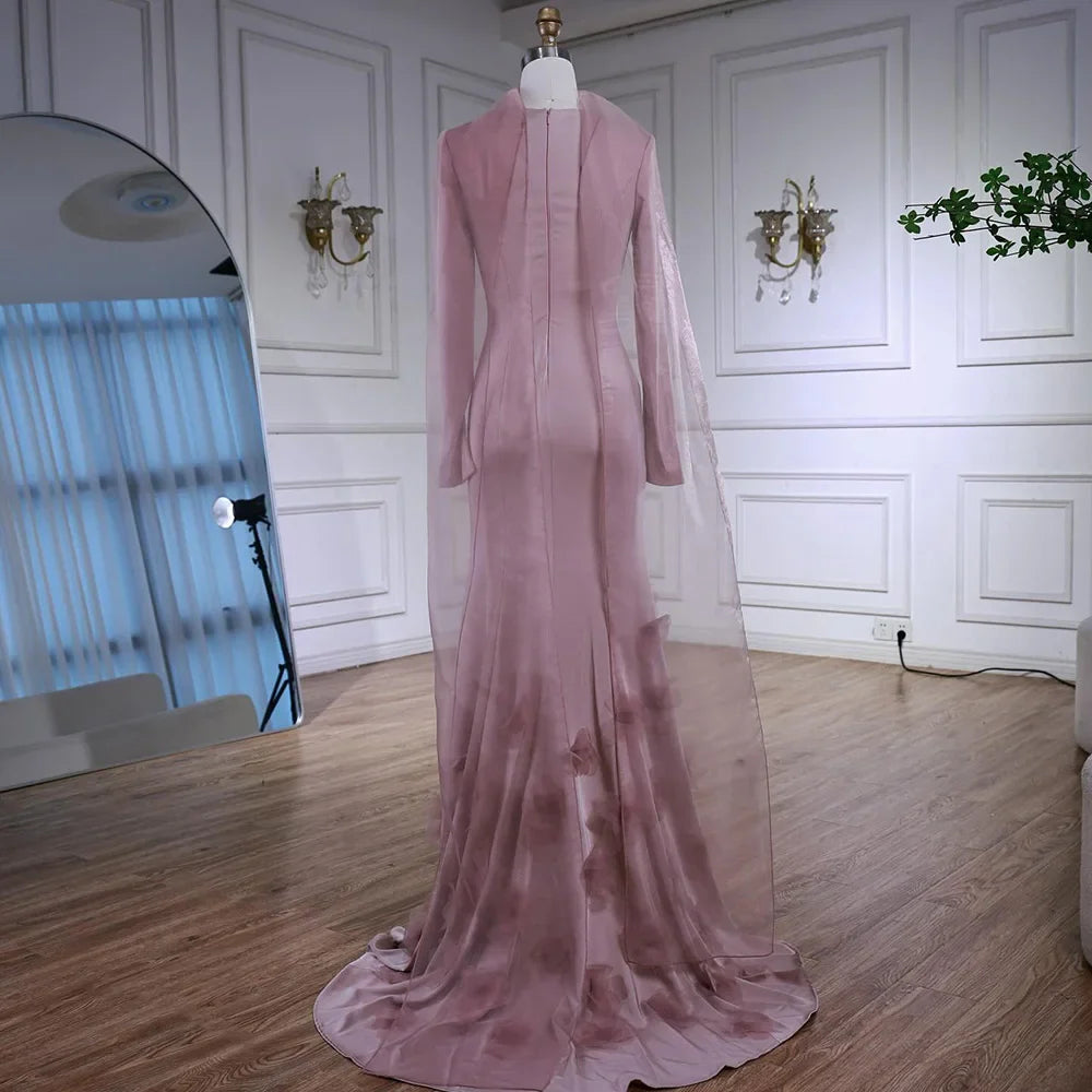 Luxury Pink 3D Flower Evening Dress  Long Sleeves LA72954