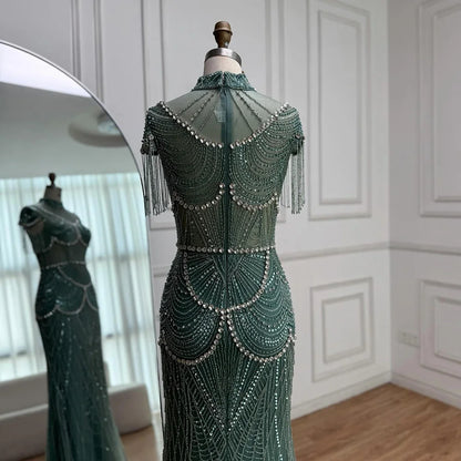 Luxury Turquoise High Neck Beaded Tassel Evening Dress for Women LA73112