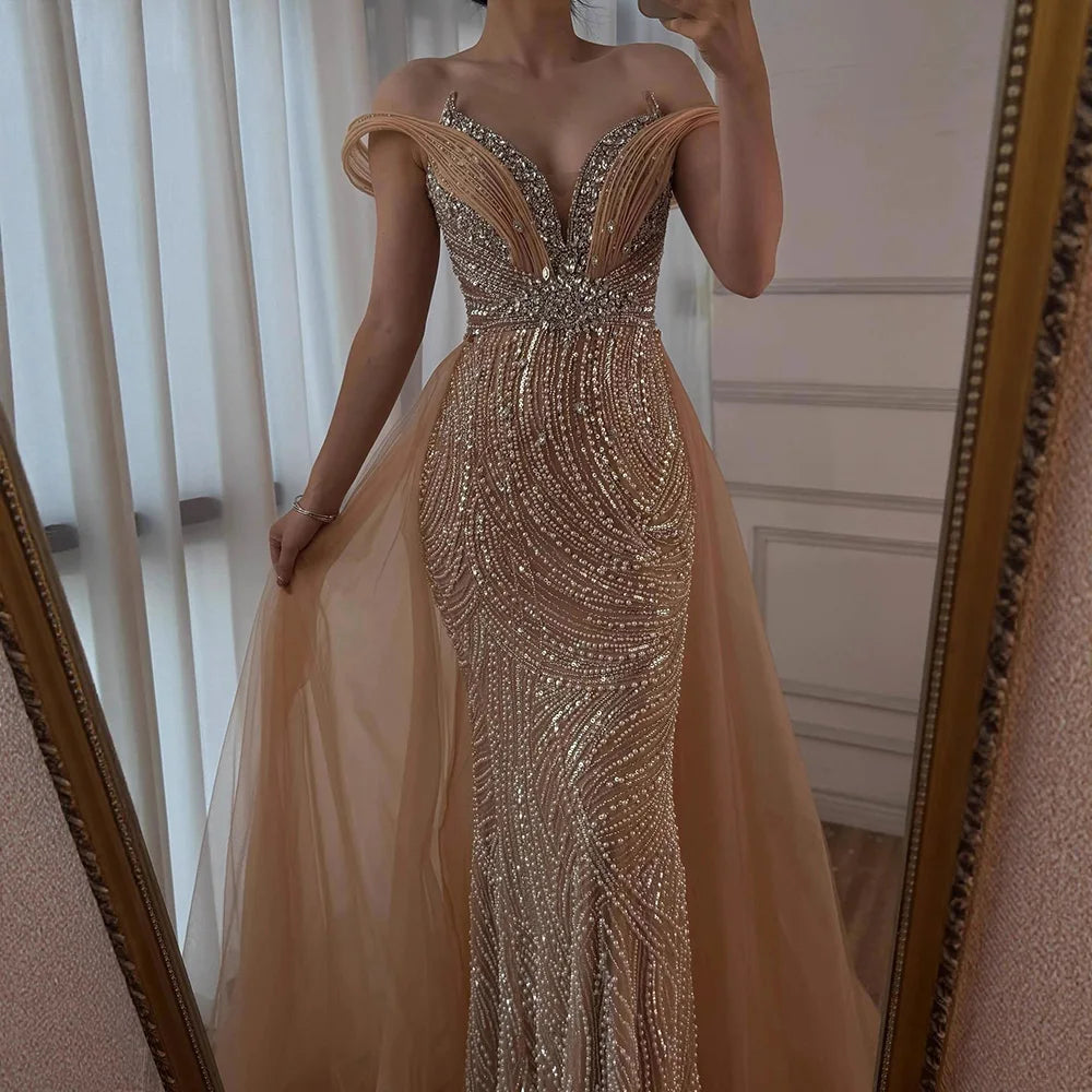 Luxury Nude Mermaid Off Shoulder Beaded Evening Dress with Overskirt LA73131