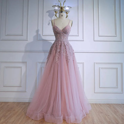 Luxury Pink Tulle A Line Prom Dress with Appliques LA73009