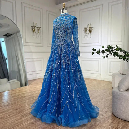Luxury Muslim Blue A-Line Beaded Dubai Evening Dress LA72302A