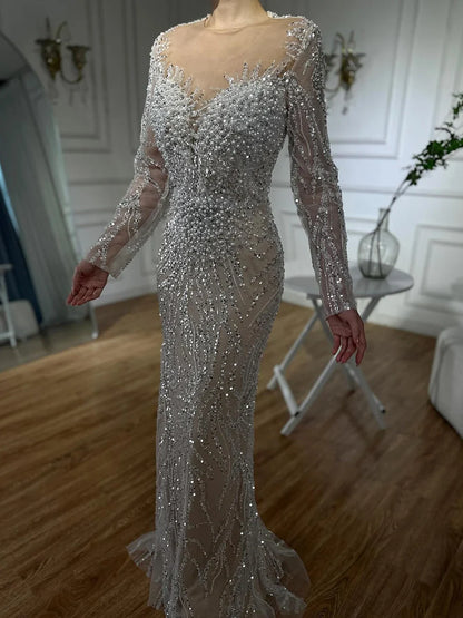 Luxury Dubai White Nude Mermaid Evening Dress With  Long Sleeve LA72634