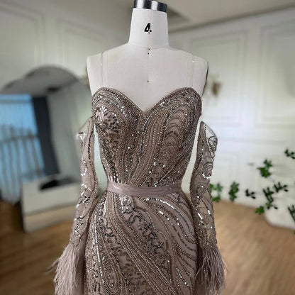 Luxury Arabic Nude Mermaid High Split Feather Beaded Evening Dress LA71910