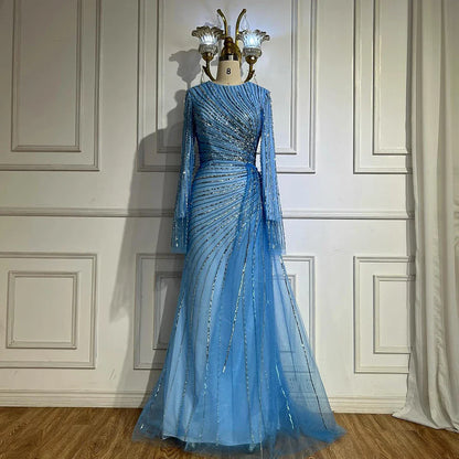 Luxury Dubai   Arabic Elegant Blue Beaded Saudi Evening Dresses Gowns for Formal Occasion LA72822