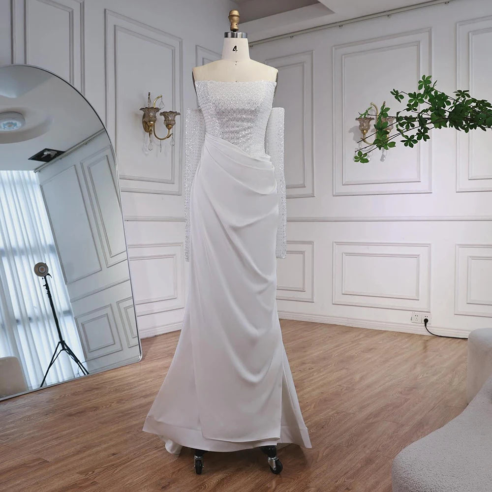 White   Beaded Evening Dress with Detachable Sleeves LA72293A