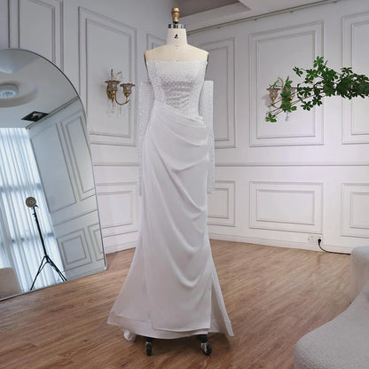 White   Beaded Evening Dress with Detachable Sleeves LA72293A