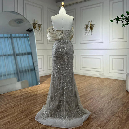 Pink One-Shoulder Luxury Beaded Cut Out Mermaid Evening Dress LA72455