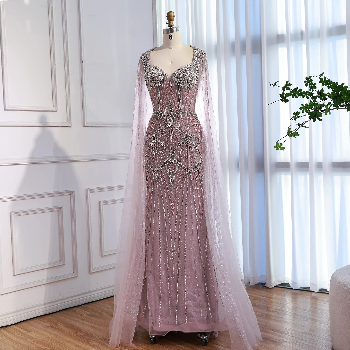 Luxury Dubai Pink Beaded Evening Dress With Cape LA73329