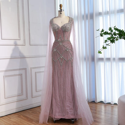 Luxury Dubai Pink Beaded Evening Dress With Cape LA73329