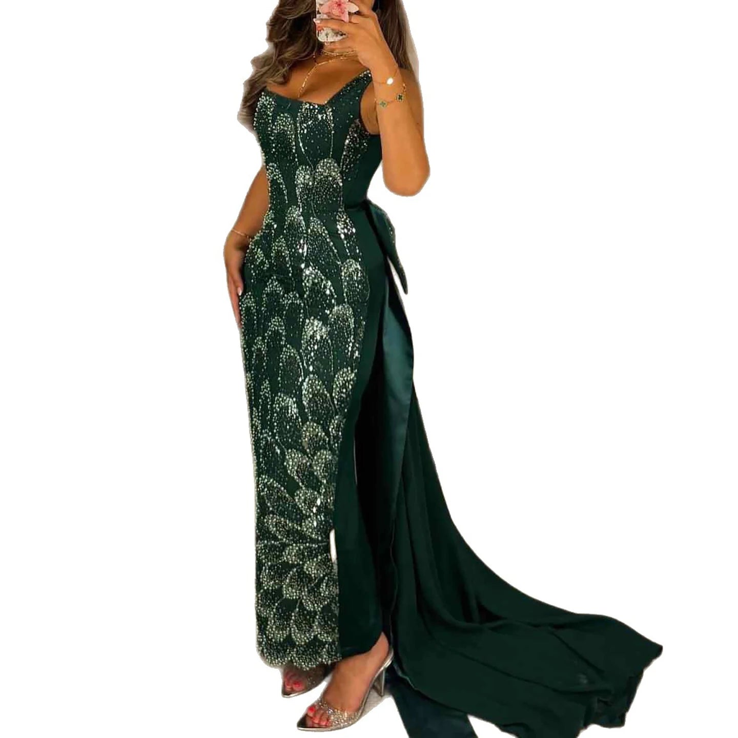 Luxury Evening Dress Emerald Green Bow Sheath Straight With Train LA73380