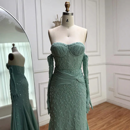 Luxury Turquoise Strapless Beaded Evening Dress with Gloves LA72933