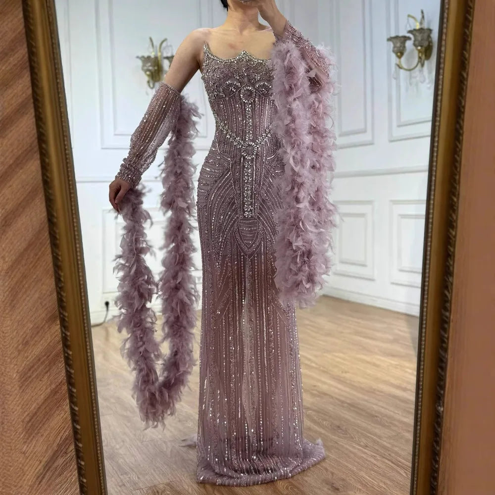 Luxury Caramel Beaded Evening Dress with Feather Sleeves LA73055