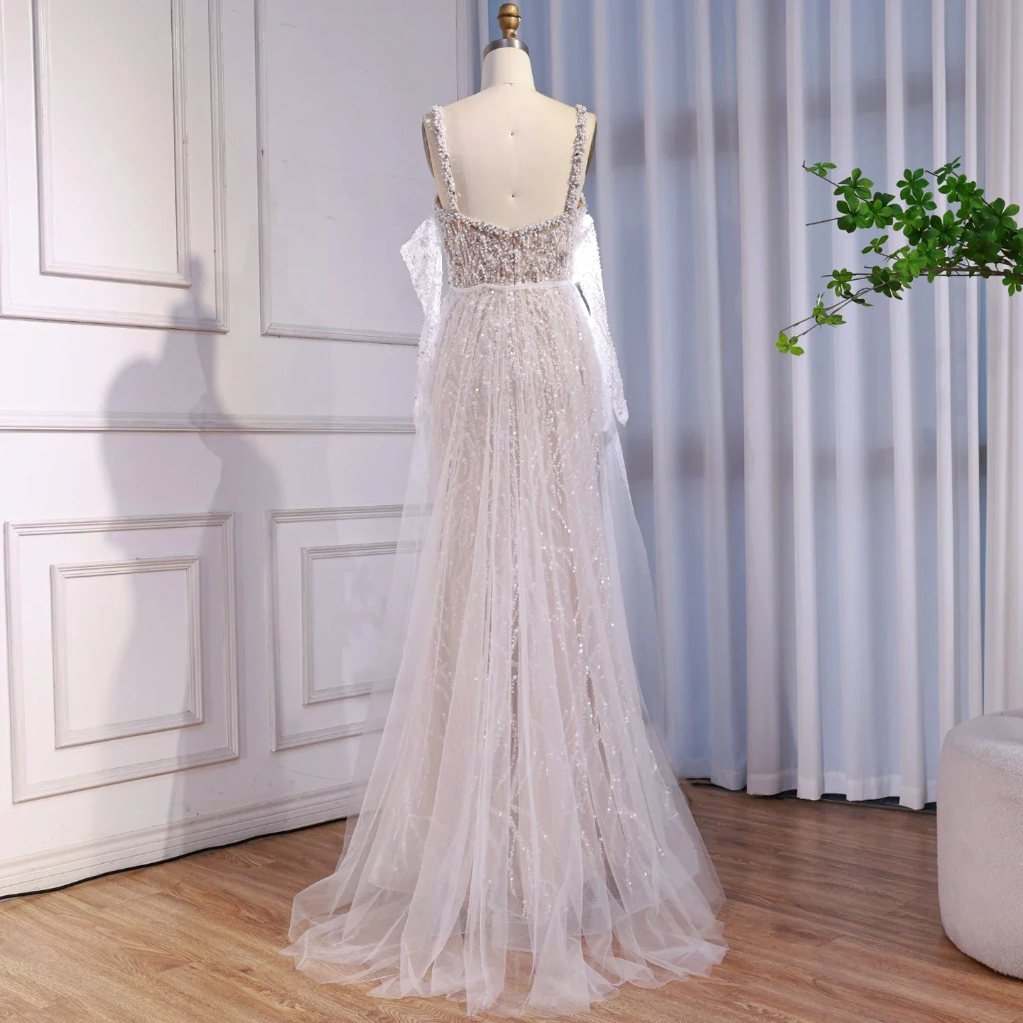 Luxury Lace Pearls Mermaid Evening Dress With Glove White Nude LA72345E