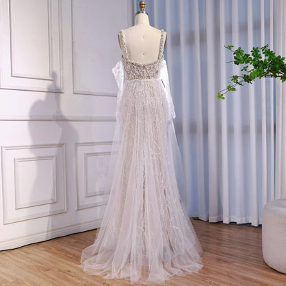 Luxury Lace Pearls Mermaid Evening Dress With Glove White Nude LA72345E