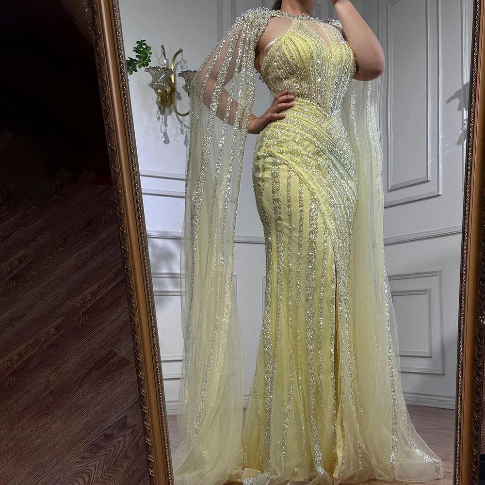 Luxury Crystal Yellow Evening Dress with Cape Sleeves LA72085