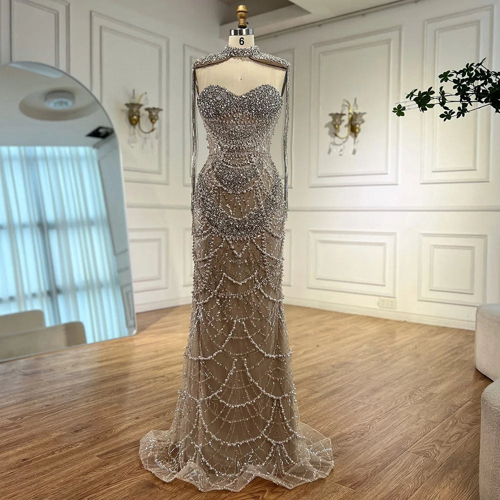 Luxury Nude Beaded Evening Dress with Tassel Short Cape LA72876