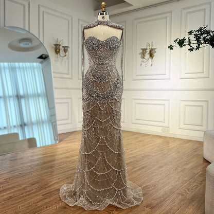 Luxury Nude Beaded Evening Dress with Tassel Short Cape LA72876
