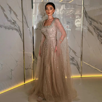 Caramel Beaded A-Line Evening Dress with Cape Sleeves LA71803A