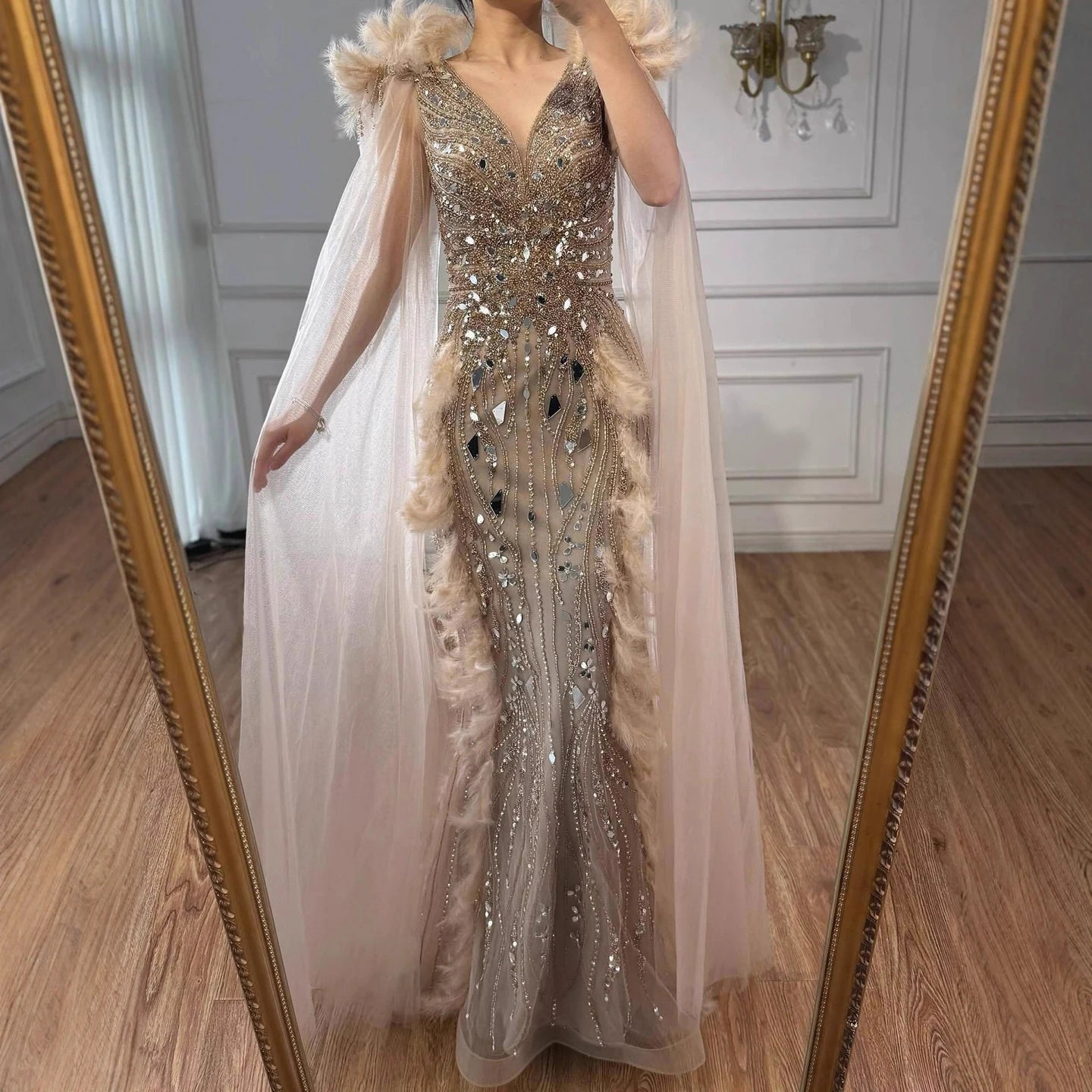 Luxury Caramel Feather Mirror Beaded Mermaid Evening Dress With Cape LA73328