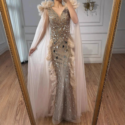 Luxury Caramel Feather Mirror Beaded Mermaid Evening Dress With Cape LA73328