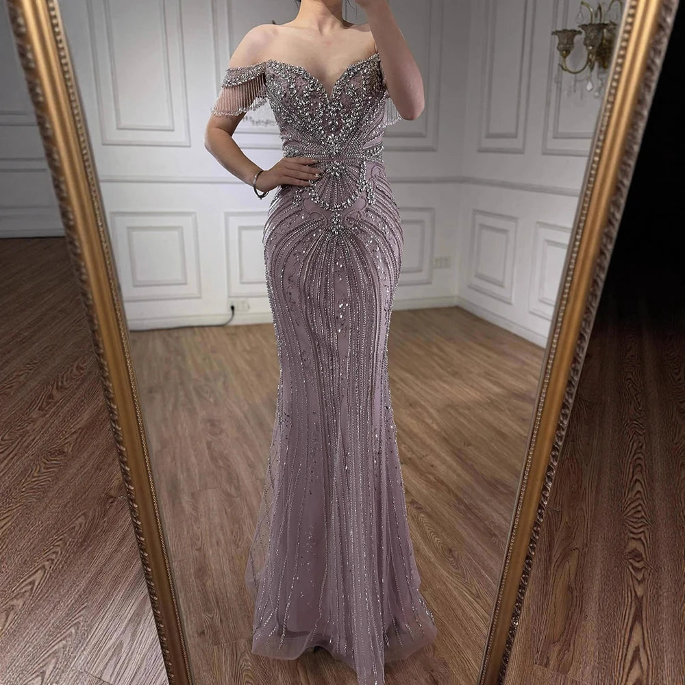 Luxury Pink Crystal Tassel Off Shoulder Evening Dress Dubai LA73204