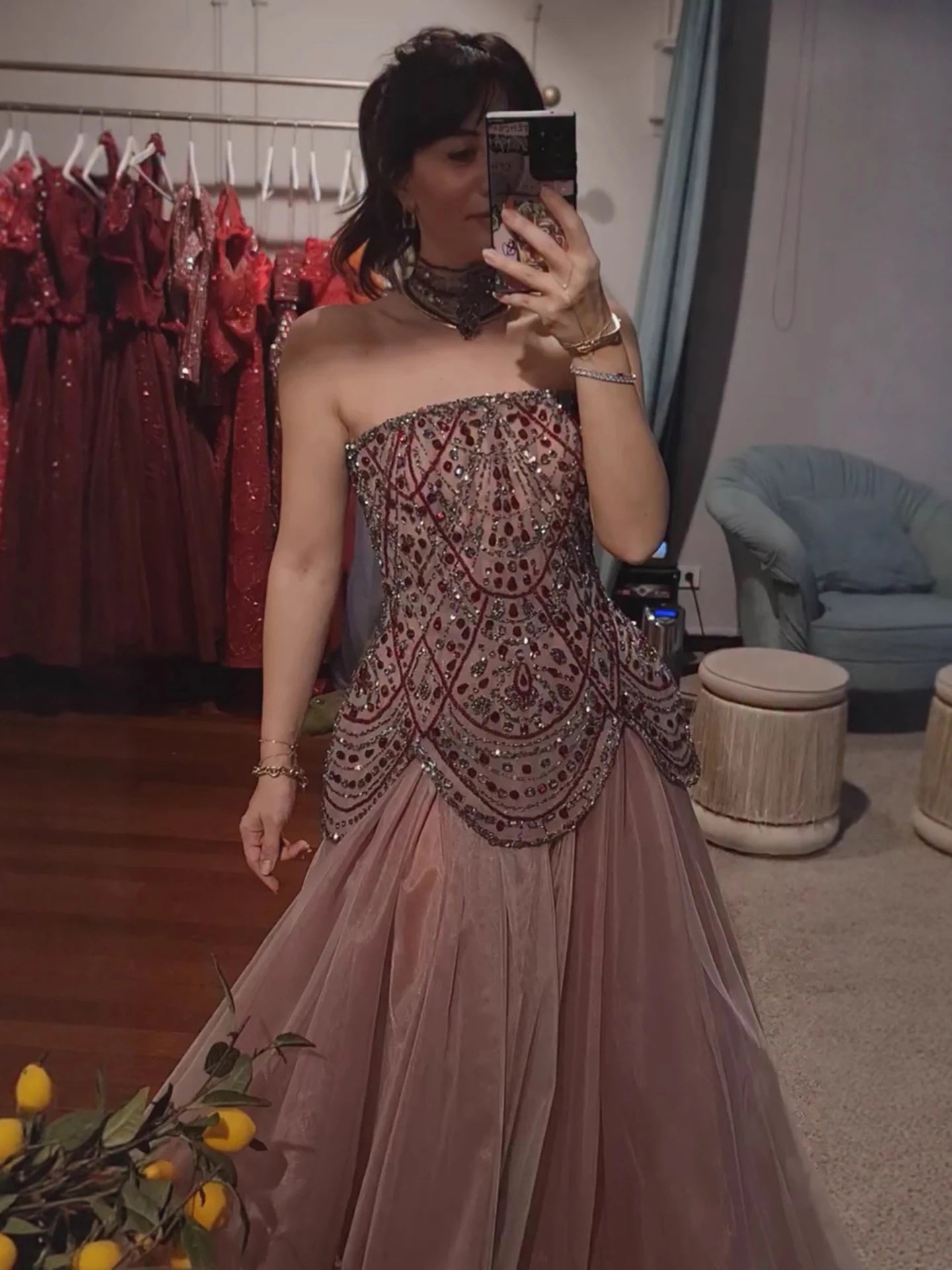 Luxury Wine Red Arabic Beaded A-Line Evening Dress LA73377