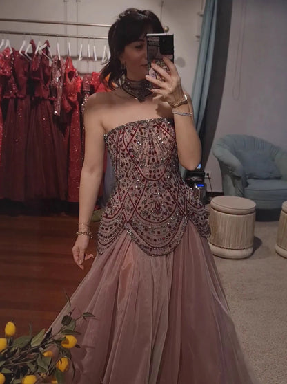 Luxury Wine Red Arabic Beaded A-Line Evening Dress LA73377