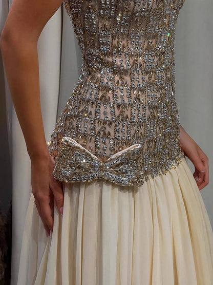 Luxury Champagne A-Line Crystal Beaded Evening Dress LA73361